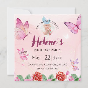 Pink Illustrative Butterfly Birthday Invitation