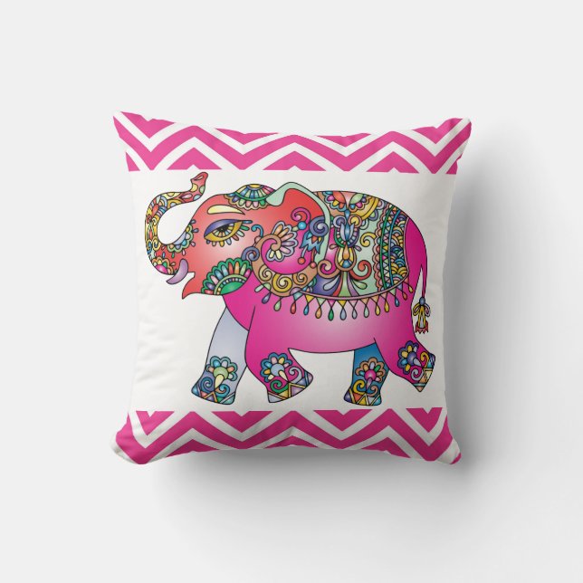 Pink Indian Elephant Pink Chevron Design Cushion (Front)