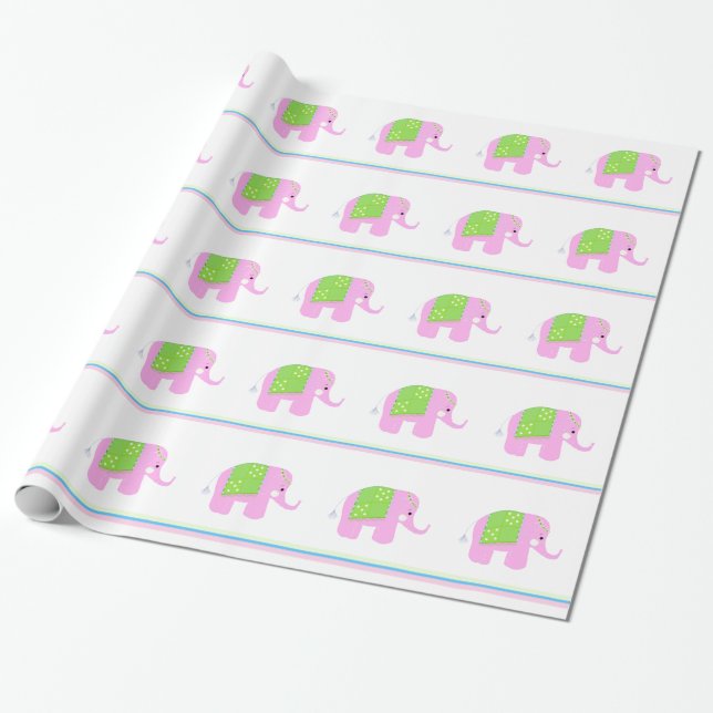 Pink Indian Elephants Wrapping Paper (Unrolled)