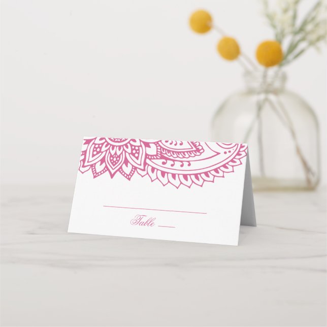 Pink Indian Paisley Wedding Place Card (Front)