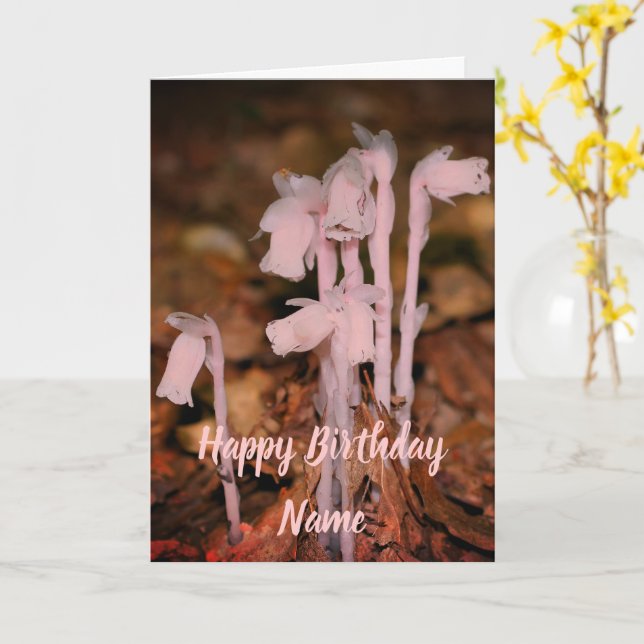 Pink Indian Pipe Wildflowers Personalised Birthday Card (Yellow Flower)