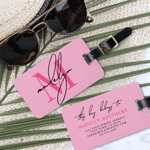 Pink Initial Name Monogram Luggage Tag