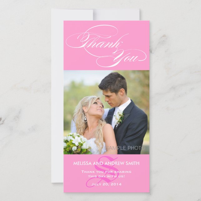 PINK INITIAL SCRIPT WEDDING THANK YOU PHOTO CARD (Front)