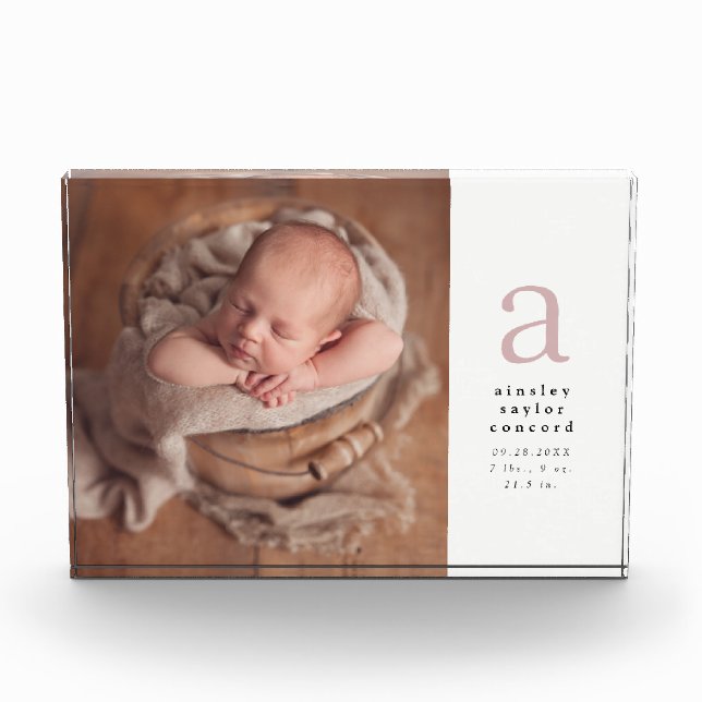 Pink initial simple Birth Announcement Photo Block (Front)