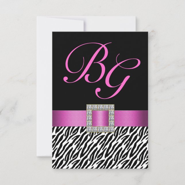 Pink Initials Zebra Stripes Wedding RSVP Card (Front)