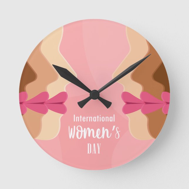 pink international womens day round clock (Front)