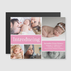 Pink Introducing Baby Girl Photo collage Magnetic Invitation