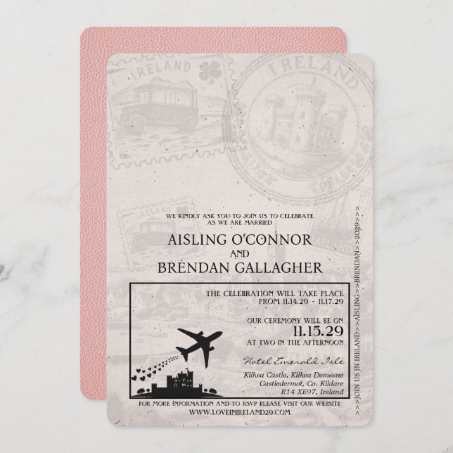 Pink Ireland Passport Wedding Invitation (Front/Back)