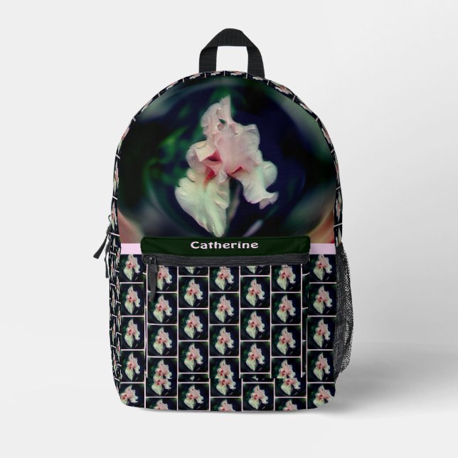 Pink Iris Flower Abstract Art Personalised Printed Backpack (Front)