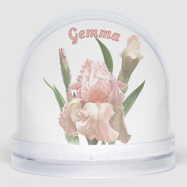 Pink Iris Flower Botanical Art Personalised Snowglobe (Front)