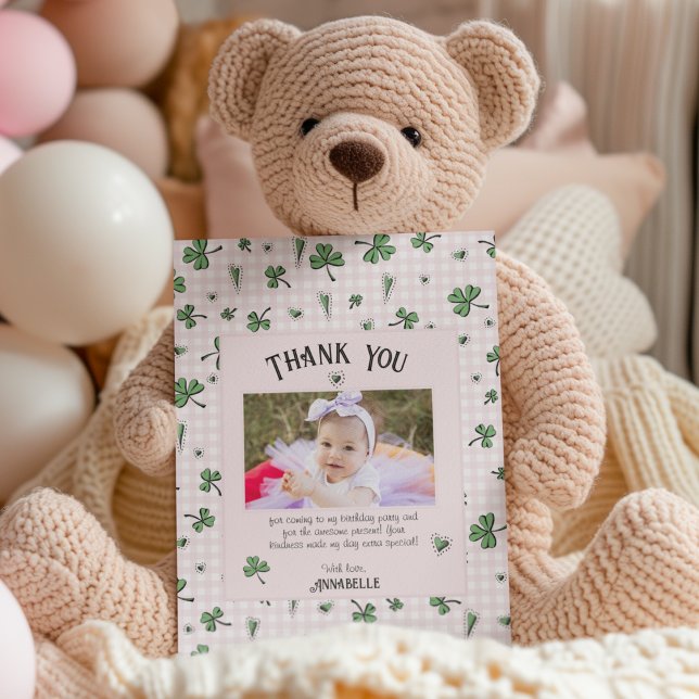 Pink Irish Clovers and Hearts Kids Birthday Thank You Card (Cute baby St. Patty's Day card. Adorable pink & white gingham pattern. Hand-drawn shamrocks & hearts)
