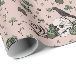 Pink Irish St. Patricks Day Clovers Floral Skull Wrapping Paper