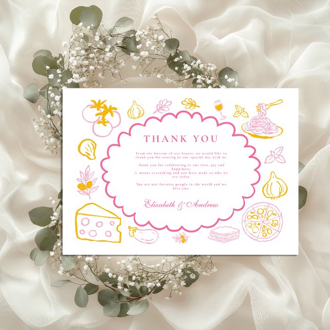 Pink Italian Food Wedding Sketch Thank You Card (Creator Uploaded)