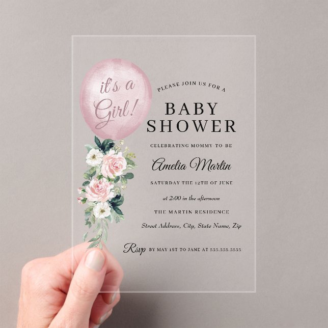 Pink It's a Girl Balloon Baby Shower  Acrylic Invitations (Insitu (Handheld))