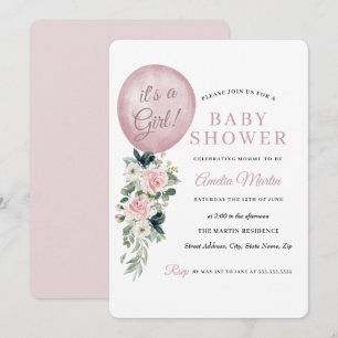 Pink It's a Girl Balloon Baby Shower Invitation