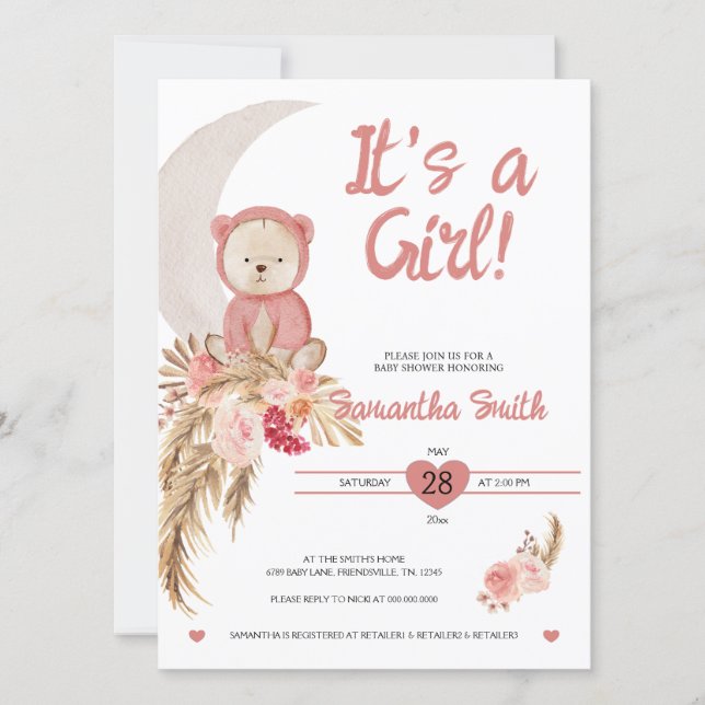 Pink It's A Girl Boho Bear Moon Baby Shower Invitation (Front)