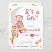 Pink It's A Girl Boho Bear Moon Baby Shower Invitation (Front/Back)