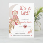 Pink It's A Girl Boho Bear Moon Baby Shower Invitation (Standing Front)