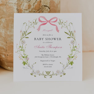 Pink It's a Girl Floral Bow Baby Shower Invitation