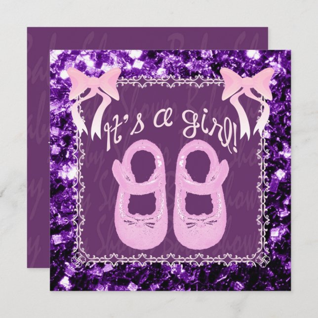 Pink Its a Girl Purple sparkles Baby shower Invite (Front/Back)