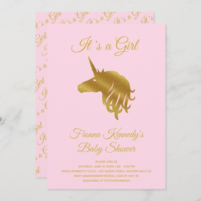 Pink It's a Girl Unicorn Baby Shower Invitation (Front/Back)