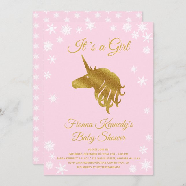 Pink It's a Girl Unicorn Winter Baby Shower Invitation (Front/Back)