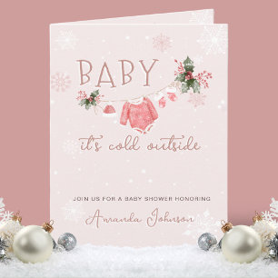 Pink Its Cold Outside Christmas Baby Shower Folded Invitation