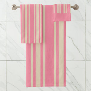Pink & Ivory Beige Striped Pattern Modern Bath Towel Set