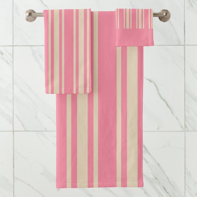 Pink & Ivory Beige Striped Pattern Modern Bath Towel Set (Creator Uploaded)