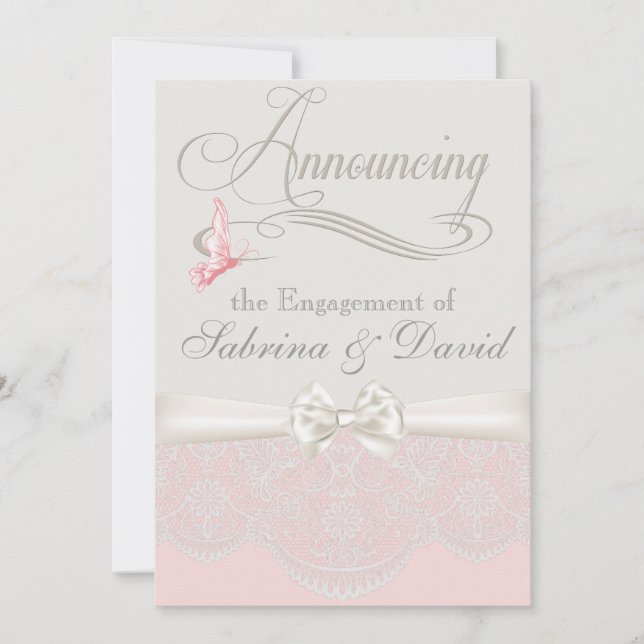 Pink & Ivory Butterflies and Lace Engagement Announcement (Front)