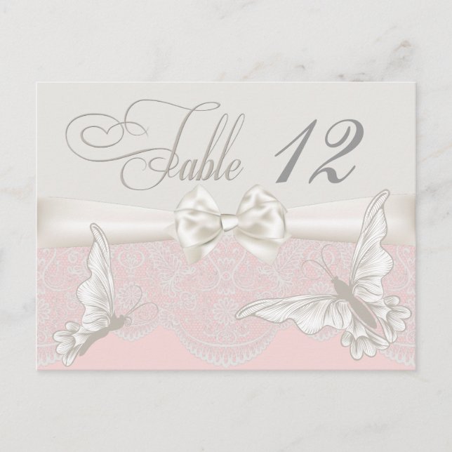 Pink & Ivory Butterflies and Lace Table Card (Front)