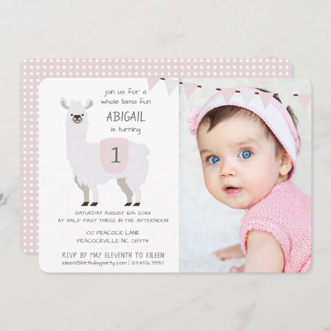 Pink & Ivory Cute Llama Kids Birthday Party Invitation (Front/Back)