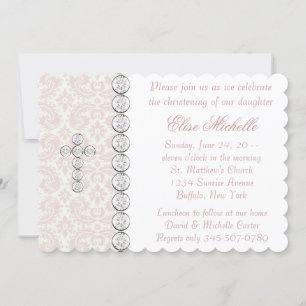 Pink Ivory Damask Cross Baby Girl Christening Invitation