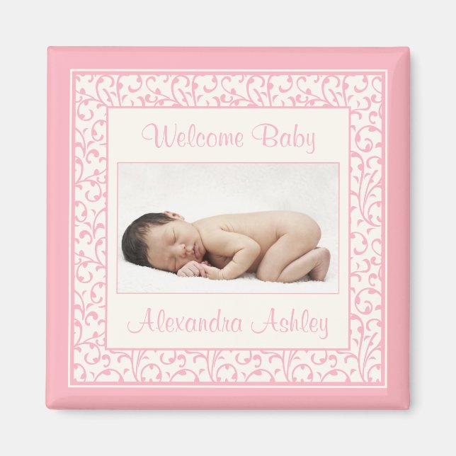Pink Ivory Floral Damask Baby Photo Magnet (Front)