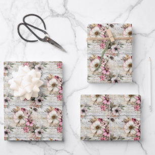 Pink & Ivory Floral on Textured Background Wrapping Paper Sheet