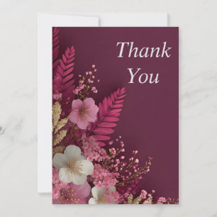 Pink & Ivory Flowers on Burgundy Thank You Card