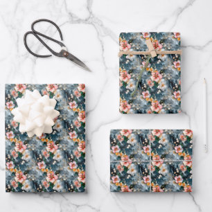 Pink & Ivory Flowers on Marble Wrapping Paper Sheet