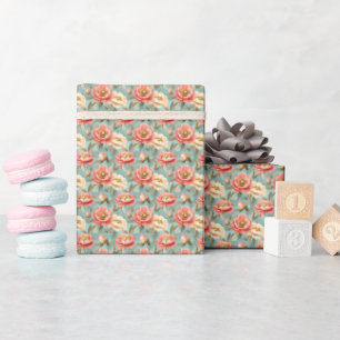 Pink & Ivory Flowers on Turquoise  Wrapping Paper