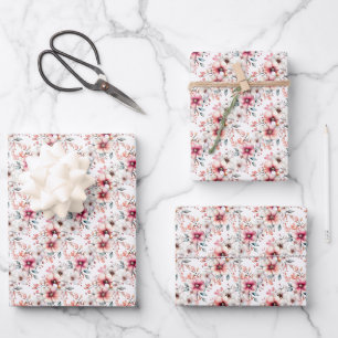 Pink & Ivory Flowers on White Wrapping Paper Sheet