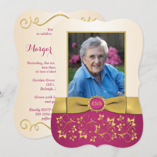 Pink, Ivory, Gold 65th Photo Birthday Invitation