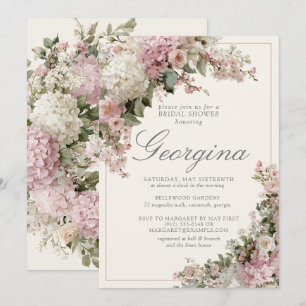 Pink Ivory Hydrangea Floral Monogram Bridal Shower Invitation