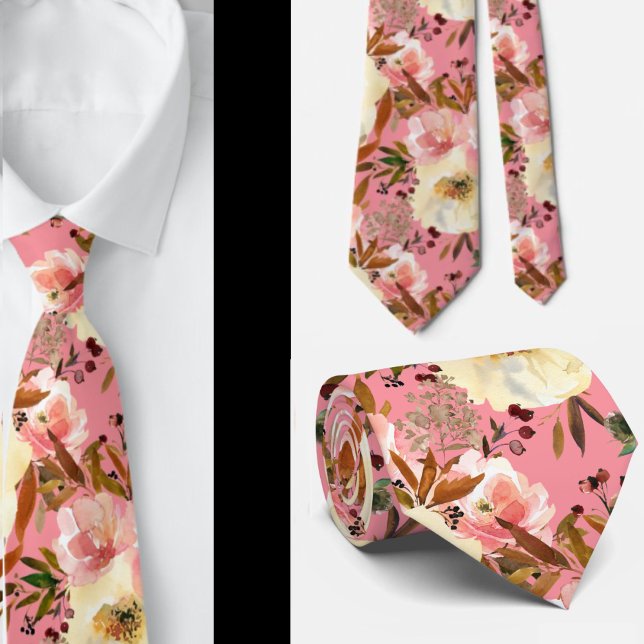 Pink Ivory Off-White Roses Flowers Floral Neck Tie (Creator Uploaded)