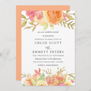 Pink Ivory Orange Flowers Wedding Invitation