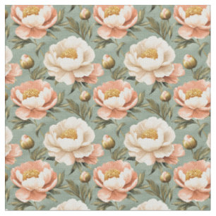 Pink & Ivory Peonies on Green Fabric