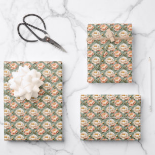 Pink & Ivory Peonies on Green Wrapping Paper Sheet