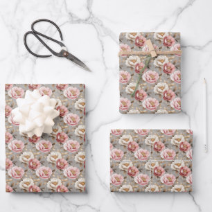 Pink & Ivory Peonies on Grey Wrapping Paper Sheet