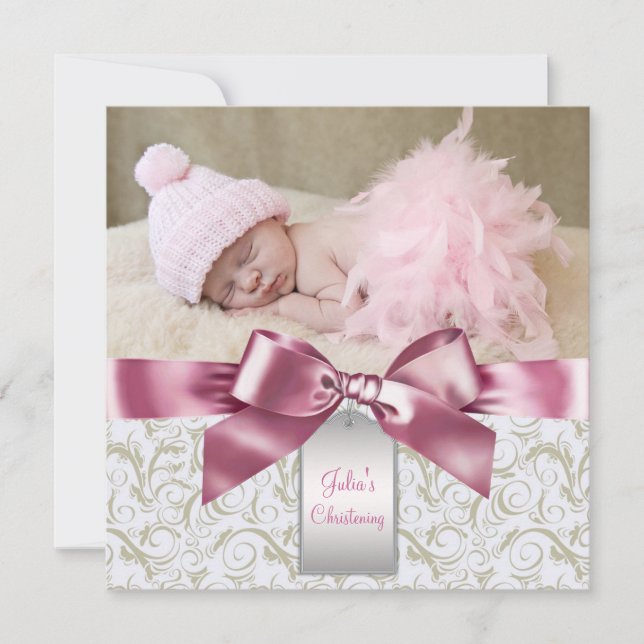 Pink Ivory Swirls Baby Girl Photo Christening Invitation (Front)