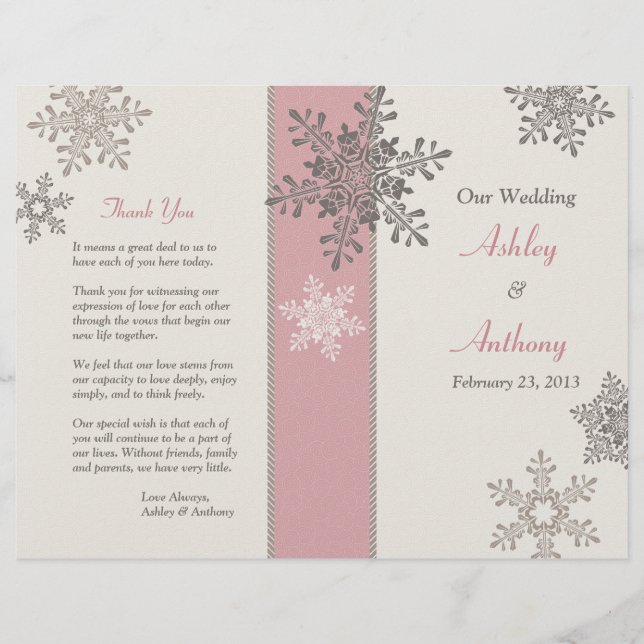 Pink Ivory Taupe Snowflakes Winter Wedding Program (Front)