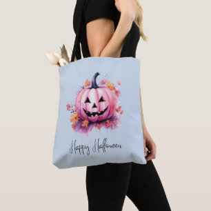 Pink Jack-O' Lantern Light Blue Halloween Tote Bag