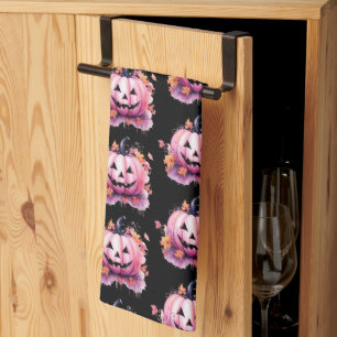 Pink Jack-O' Lantern Orange Leaves Black Halloween Tea Towel